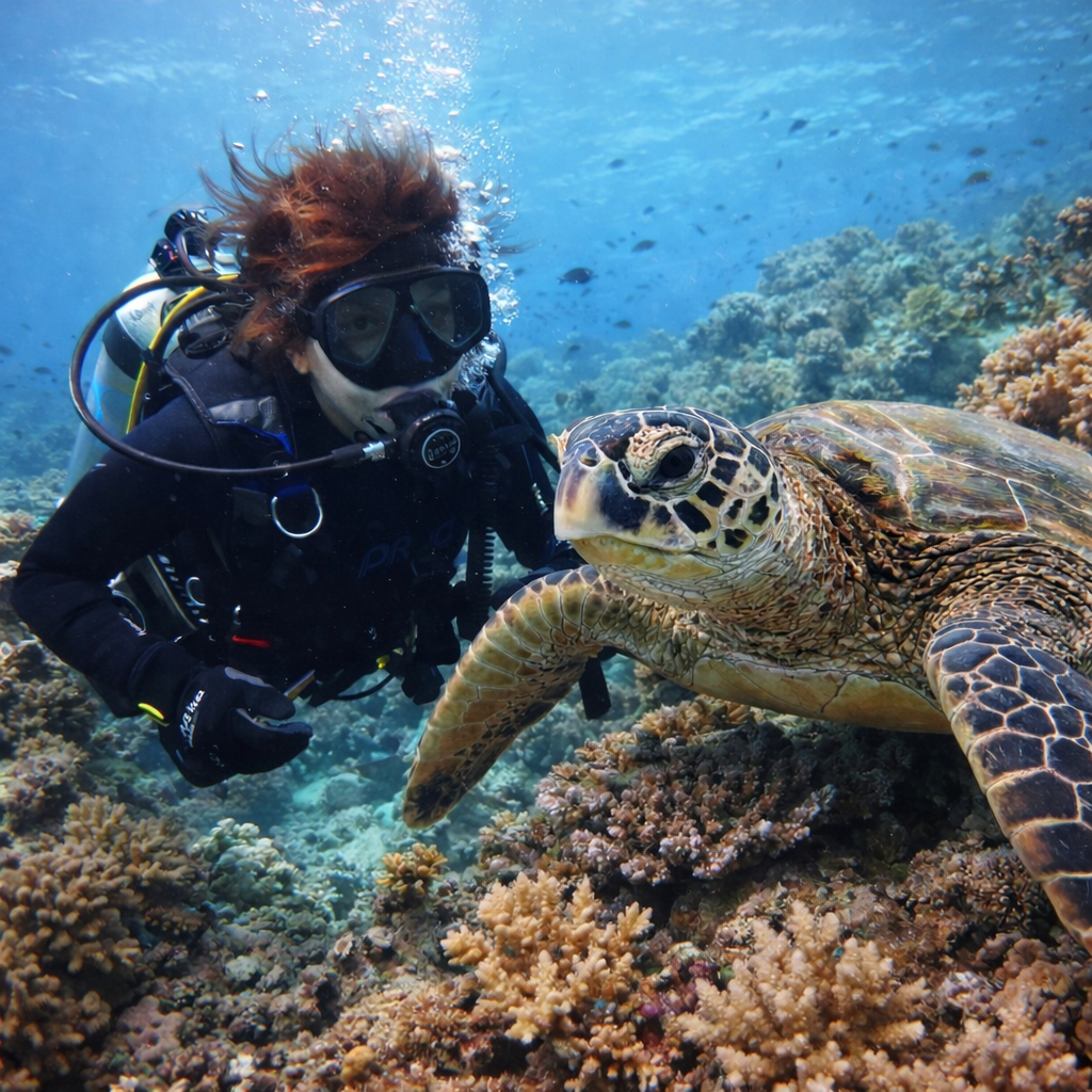 Linda scuba diving with a sea turtle